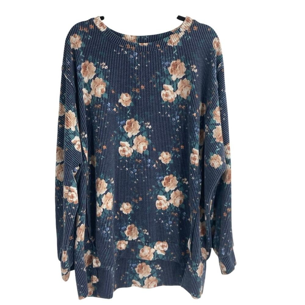 Celeste Ribbed Floral Blue Oversized Pullover Women’s 2X Slub Boho